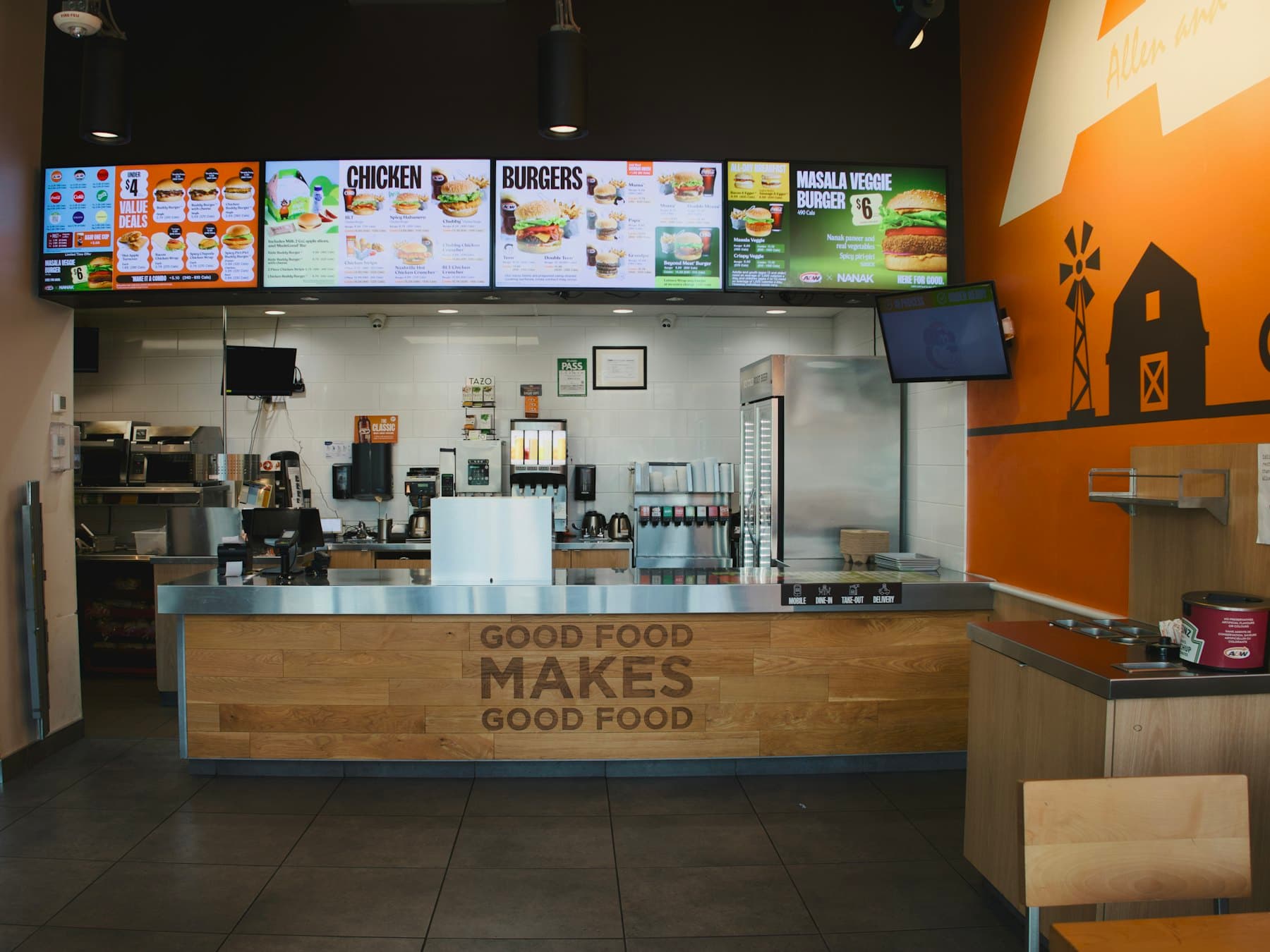 A restaurant counter with the till and menu boards