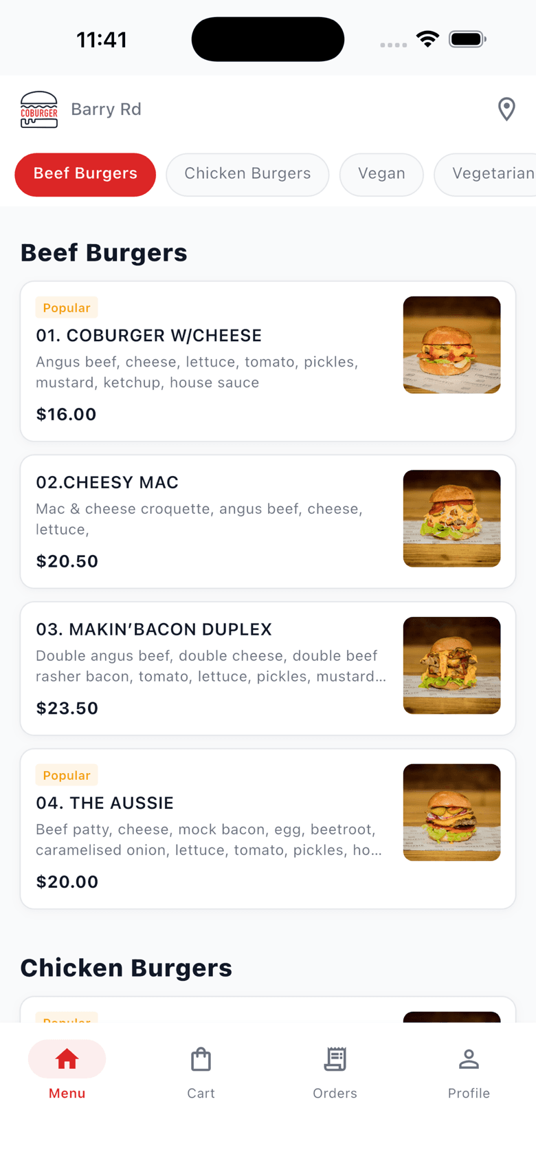 Customer app menu showing burger categories, photos and prices