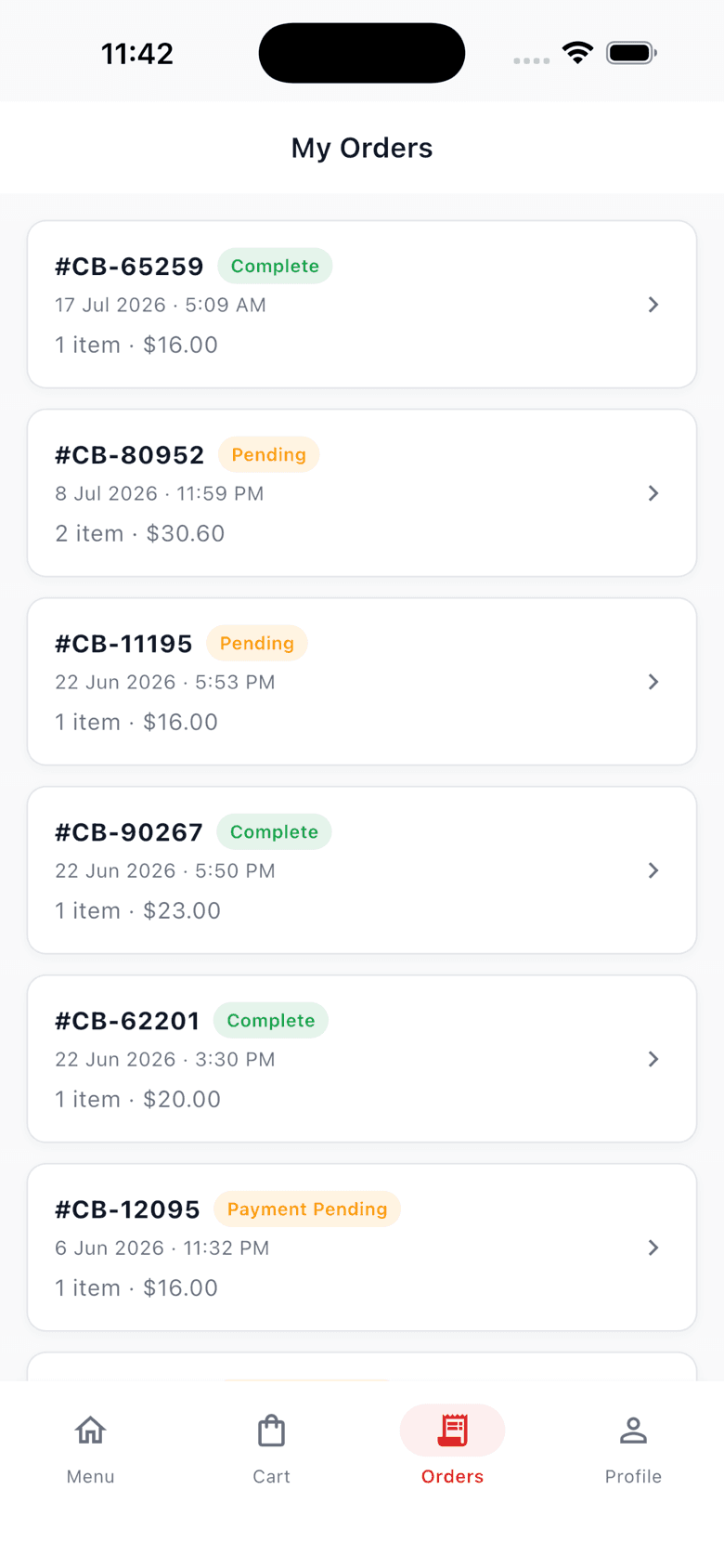 Customer app My Orders list with order status chips
