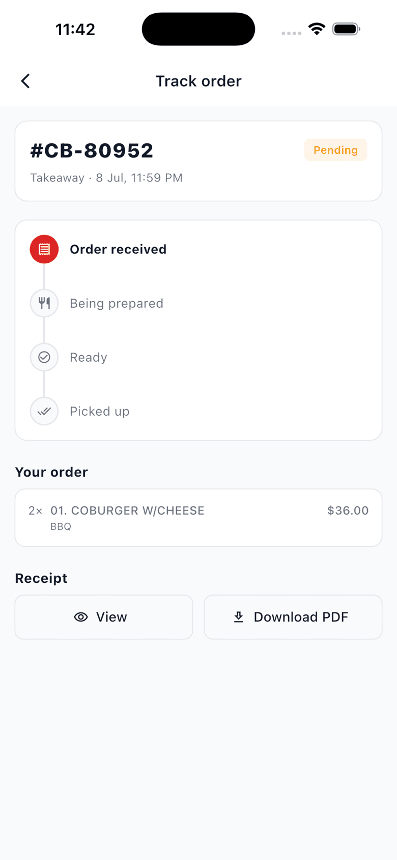 Customer app order tracking screen with order received, preparing, ready and picked up steps