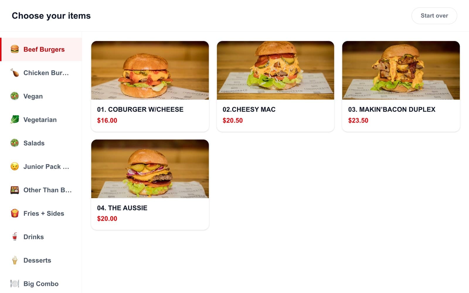 Self-ordering kiosk menu screen with burger categories, photos and prices