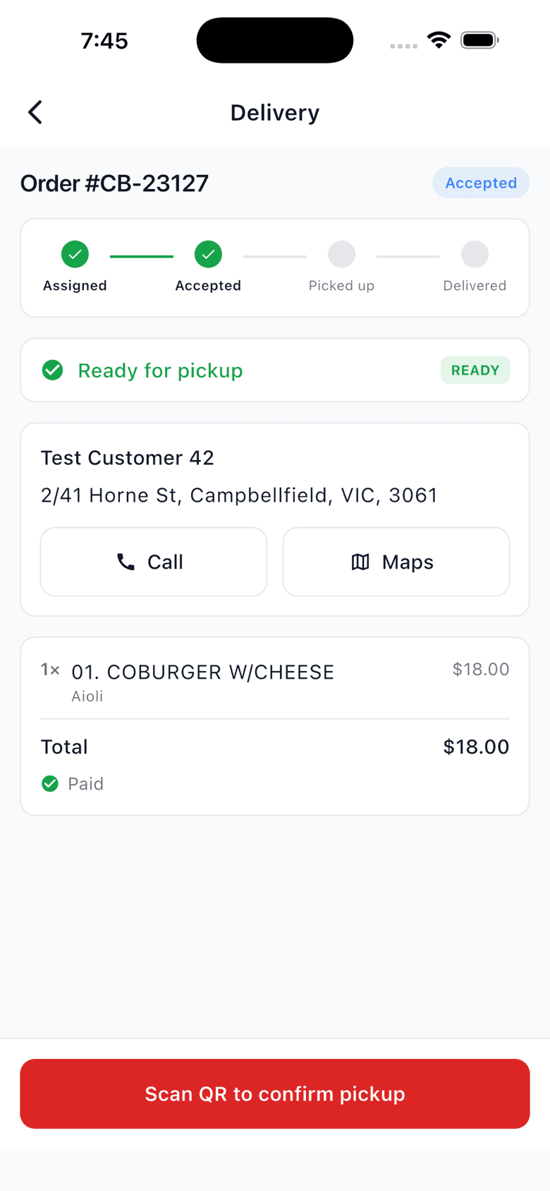 Eata Driver app showing an active delivery with the customer address and navigation