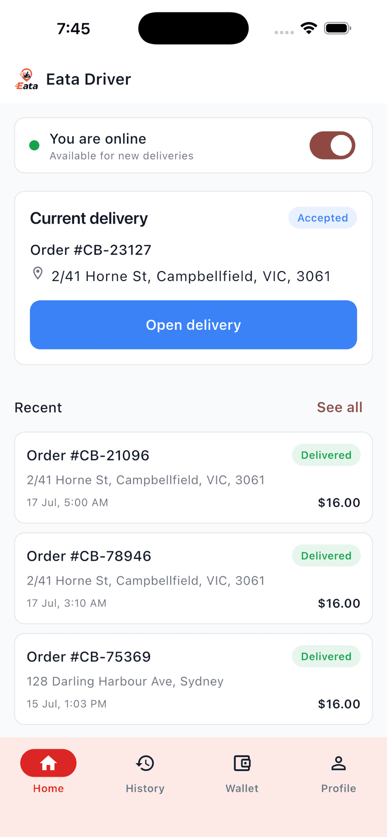 Eata Driver app home screen showing online toggle, current delivery and recent deliveries