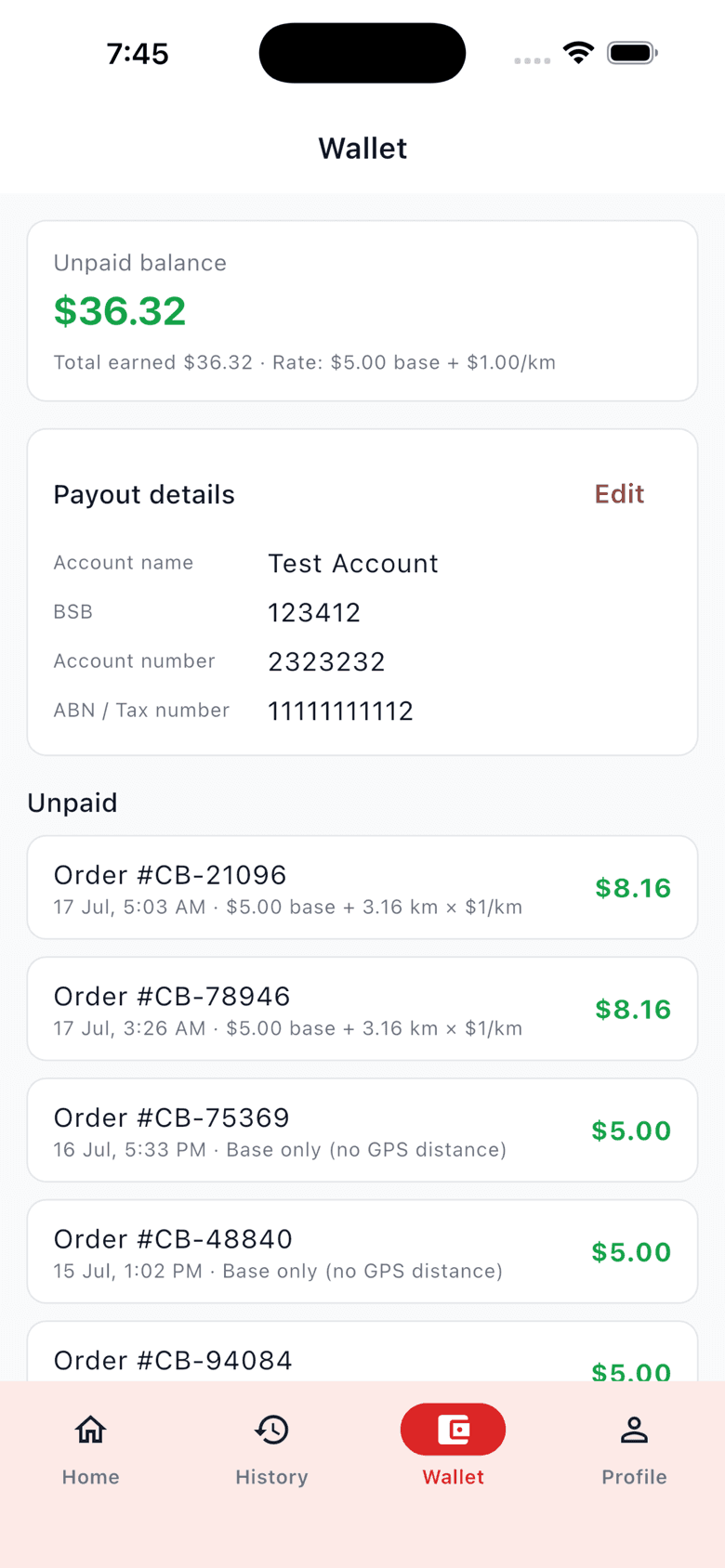 Eata Driver app wallet showing unpaid balance and per-delivery earnings